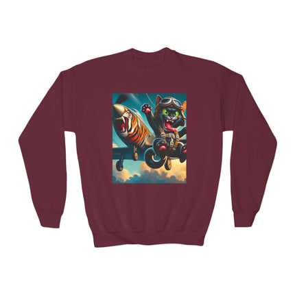 Parachuting Cat Commando Youth Crewneck Sweatshirt – High-Flying Adventure & Bold Fun