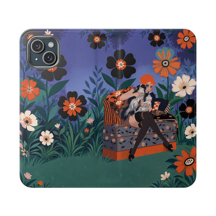 🌺🐈 The Lady Of The Midnight Garden Cat Flip Case – Art Deco Floral Fantasy