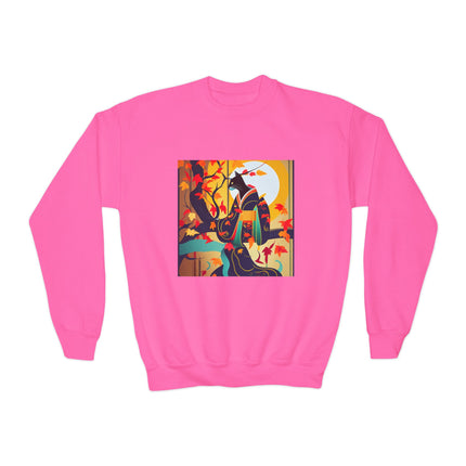 Black Cat in Kimono Youth Crewneck Sweatshirt