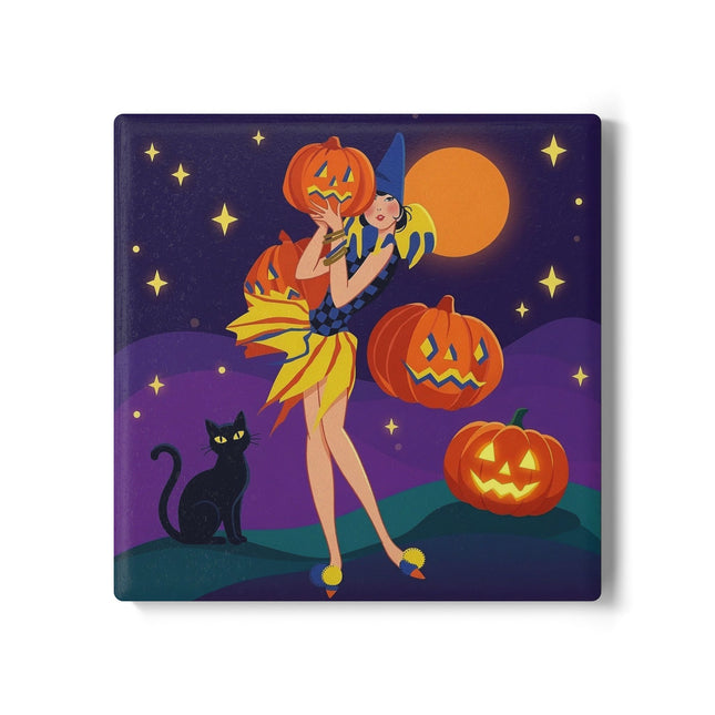 🎃🌙 Moonlit Pumpkin Masquerade Ceramic Coaster – Whimsical Halloween Charm