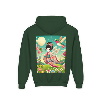 Geisha Fairy and the Hummingbird Blossom Youth Hooded Sweatshirt – Cozy Magic in Bloom