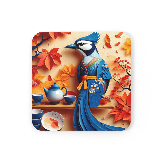 Blue Jay at an Autumn Tea Ceremony Cork Back Coaster