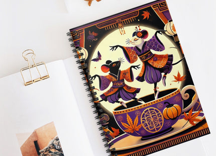 Theatrical Halloween Kabuki Mice on Teacup Spiral Notebook - Ruled Line