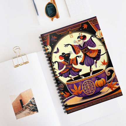 Theatrical Halloween Kabuki Mice on Teacup Spiral Notebook - Ruled Line