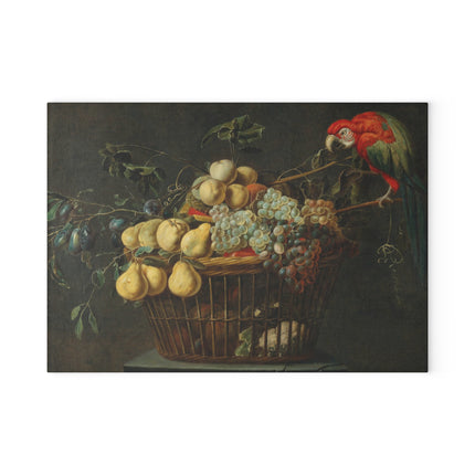 Still Life of a Basket of Fruit with a Parrot by Adriaen Van Utrecht Glass Cutting Board