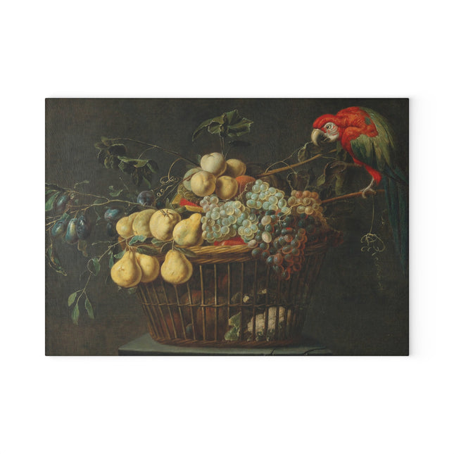 Still Life of a Basket of Fruit with a Parrot by Adriaen Van Utrecht Glass Cutting Board