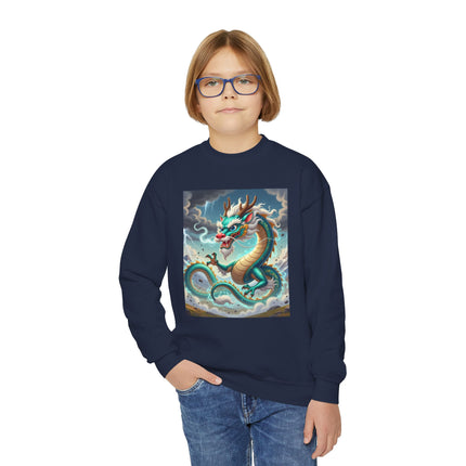 Tibetan Dragon in Battle Youth Crewneck Sweatshirt – Power, Motion & Mythic Adventure