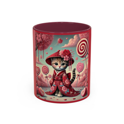Whimsical Geisha Kitten in a Valentine Garden Colorful Mugs (11oz, 15oz)