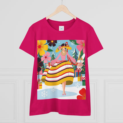 🎄🌸 The Christmas Blossom Belle Cotton Tee – Art Deco Holiday Whimsy