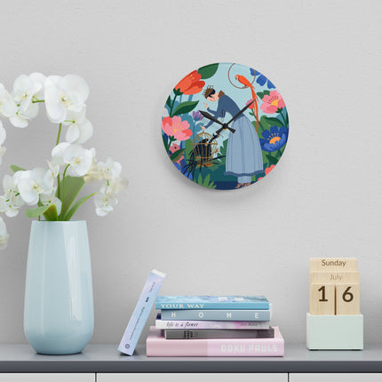 🌺🦜 The Lady Of The Enchanted Aviary Acrylic Wall Clock – Art Deco Floral Garden