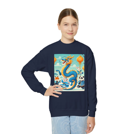 Blue & Gold Dragon Festival Parade Youth Crewneck Sweatshirt – Celebration, Color & Joyful Movement