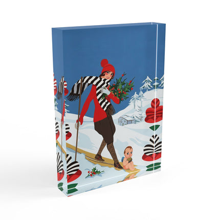 🎿🎄 The Christmas Holly Skier Acrylic Art Block – Whimsical Holiday Fantasy