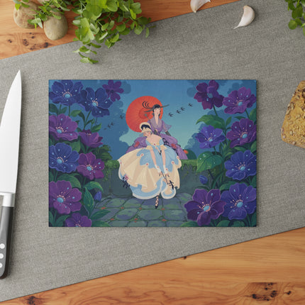 💜🌸 The Lady Of The Violet Garden Glass Cutting Board – Art Deco Floral Elegance