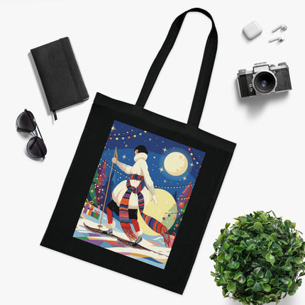 🎿🌙 The Moonlit Christmas Skier Cotton Tote Bag – Art Deco Holiday Adventure
