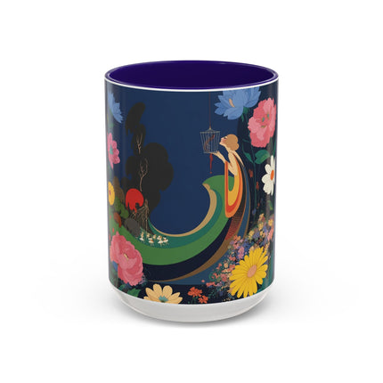 The Lady And The Crimson Moonbird Colorful Mugs – Art Deco Whimsical Garden Elegance