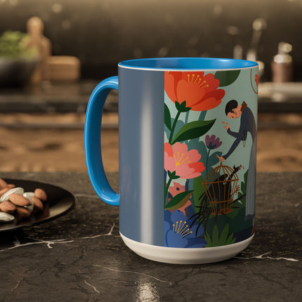 The Lady And The Mysterious Bird Colorful Mugs – Art Deco Botanical Mystery