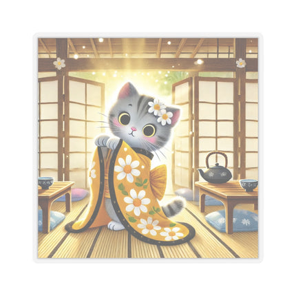 Playful Kitten in the Tea Room Kiss-Cut Stickers (4 Sizes)