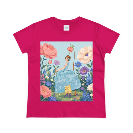 🌸🩵 The Blue Ruffle Garden Cotton Tee – Art Deco Floral Whimsy