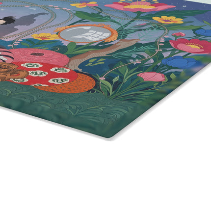🌙🌺 The Moonlit Garden Reverie Glass Cutting Board – Art Deco Floral Fantasy