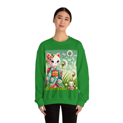 Geisha Kitten and the Dandelion Wish Heavy Blend™ Crewneck Sweatshirt