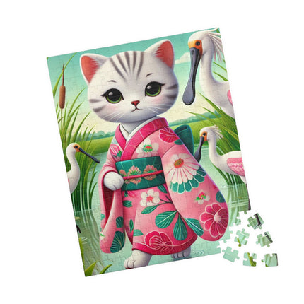 Geisha Kitten Strolls Among the Spoonbills Puzzle (110, 252, 520-piece)