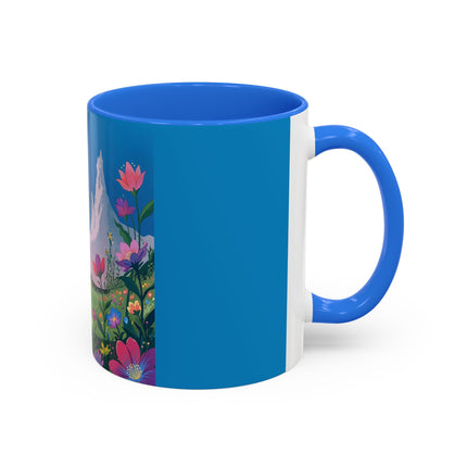 The Lady And The Moonlit Peak Colorful Mugs – Art Deco Alpine Garden Elegance