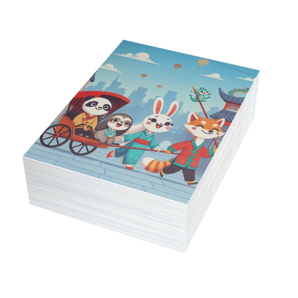 🐉🏮 The Dragon Rickshaw Parade Greeting Card – Whimsical Animal Adventure