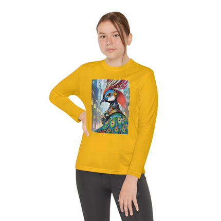 Techno Plumes Youth Long Sleeve Competitor Tee – Futuristic Elegance & Neon Feathers