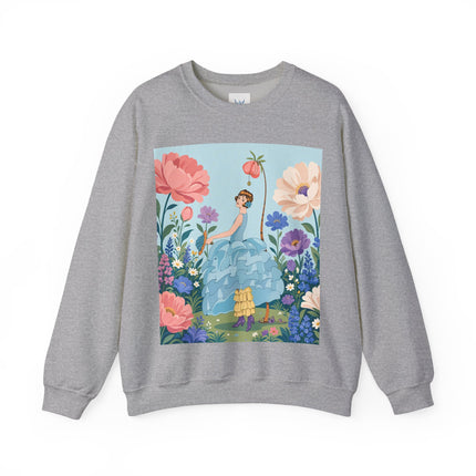 🌸🩵 The Blue Ruffle Garden Crewneck Sweatshirt – Art Deco Floral Whimsy