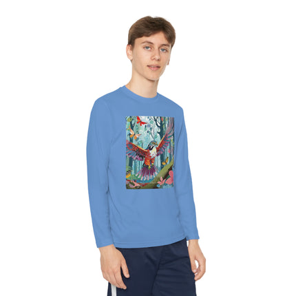 A Colorful Raptor Youth Long Sleeve Competitor Tee – Dino Adventure & Forest Wonder