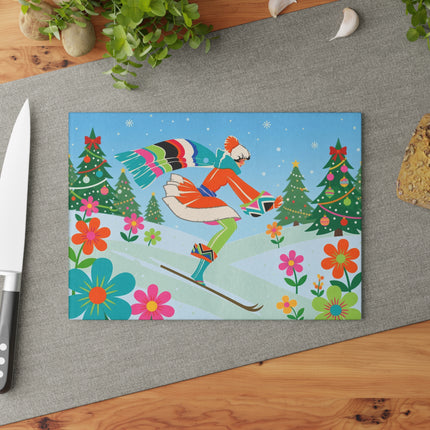 🎿❄️ The Christmas Ski Jumper Glass Cutting Board – Colorful Winter Holiday Fantasy