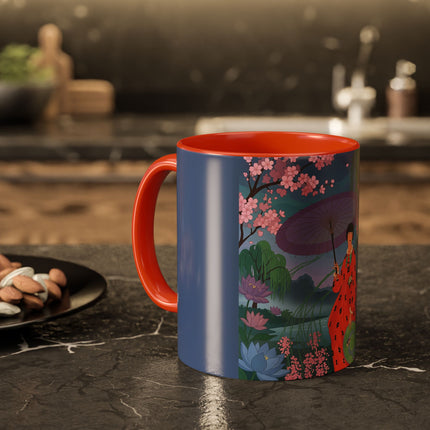 The Lady Of The Cherry Blossoms Colorful Mugs – Art Deco Spring Elegance