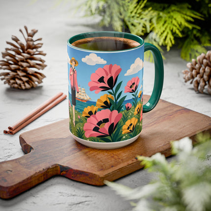 🌸⛵ The Seaside Blossom Promenade Colorful Mug – Art Deco Coastal Elegance