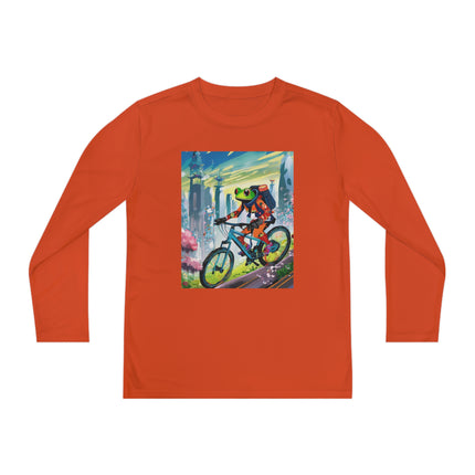 Cyberpunk Frog Youth Long Sleeve Competitor Tee – Neon Trails & Futuristic Adventure