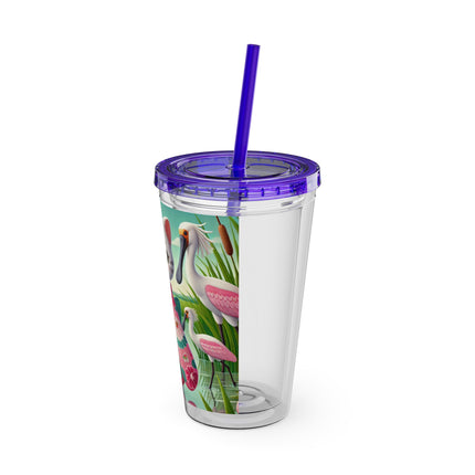 Geisha Kitten Strolls Among the Spoonbills Sunsplash Tumbler with Straw, 16oz