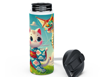 Geisha Kitten and the Dragon Kite Stainless Steel Water Bottle, Standard Lid