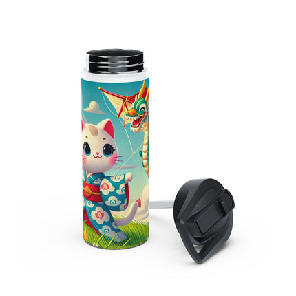Geisha Kitten and the Dragon Kite Stainless Steel Water Bottle, Standard Lid