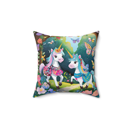 Baby Unicorns and Fluttering Butterflies Spun Polyester Square Pillow
