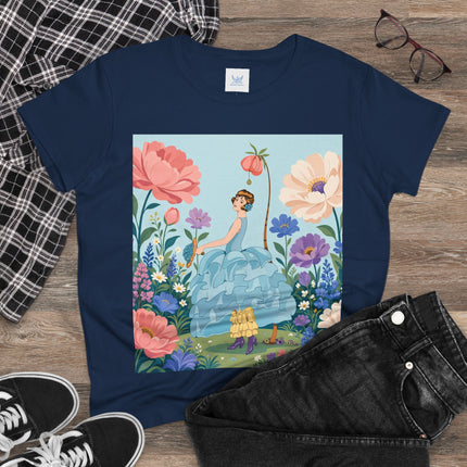 🌸🩵 The Blue Ruffle Garden Cotton Tee – Art Deco Floral Whimsy