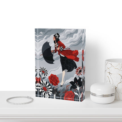 ☂️🌹 The Lady Of The Wild Wind Acrylic Art Block – Art Deco Stormy Elegance