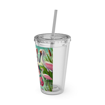 Geisha Kitten Strolls Among the Spoonbills Sunsplash Tumbler with Straw, 16oz