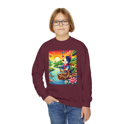 Sailor Kitten’s River Adventure Youth Crewneck Sweatshirt – Exploration, Joy & Storybook Adventure