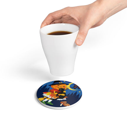 🎃🐈‍⬛ The Little Pumpkin Witch And Her Black Cat Ceramic Coaster – Whimsical Halloween Charm