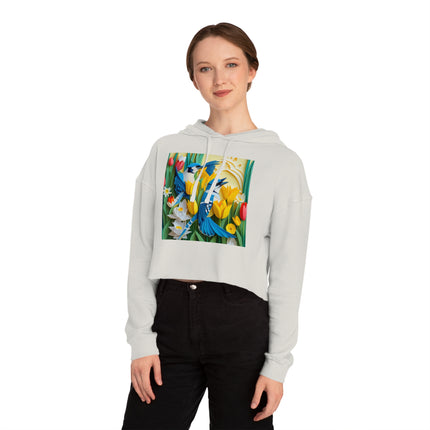 Blue Jays in a Spring Garden Women’s Cropped Hooded Sweatshirt
