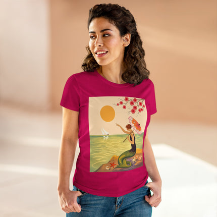 🧜‍♀️🌸 The Mermaid Beneath The Blossoms Cotton Tee – Art Deco Seaside Fantasy