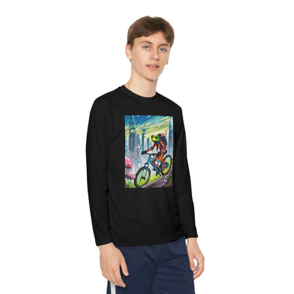 Cyberpunk Frog Youth Long Sleeve Competitor Tee – Neon Trails & Futuristic Adventure