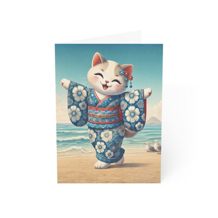 🐱🌊 The Seaside Kimono Kitten Greeting Card – Whimsical Coastal Elegance