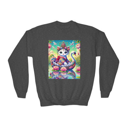 Geisha Kitten’s River Voyage Youth Crewneck Sweatshirt – Grace, Adventure & Storybook Charm