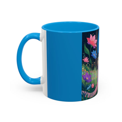 The Lady And The Moonlit Peak Colorful Mugs – Art Deco Alpine Garden Elegance