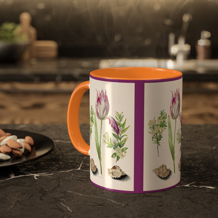 Tulip, Branches of Myrtle and Shells by Maria Sibylla Merian Colorful Mugs, 11oz